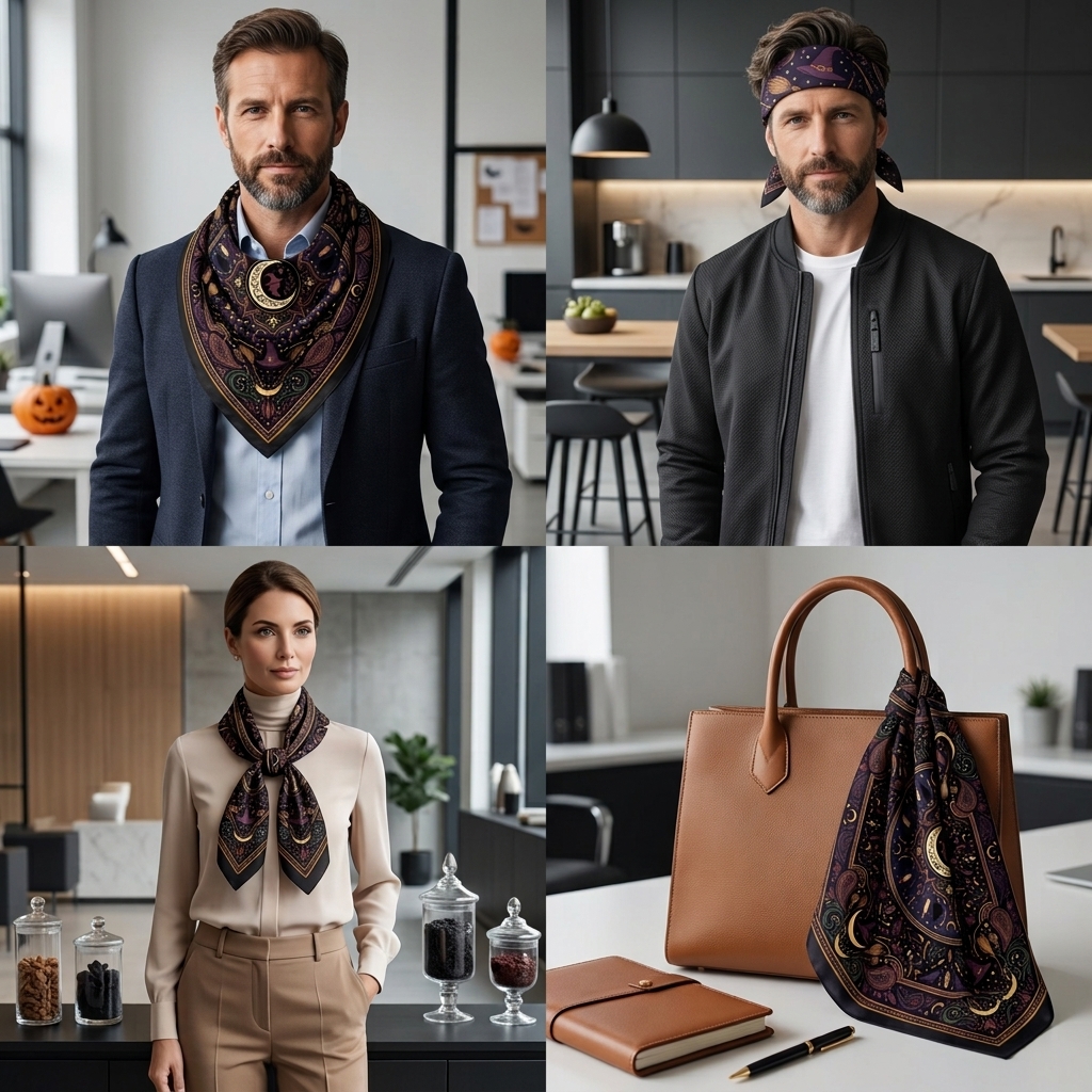 Halloween bandana styling examples: worn as a neck scarf, a headband and a bag accessory