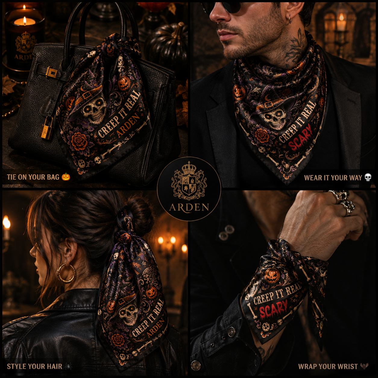 Halloween bandana styled four ways — tied on a handbag, worn as a neck scarf, in the hair and on the wrist