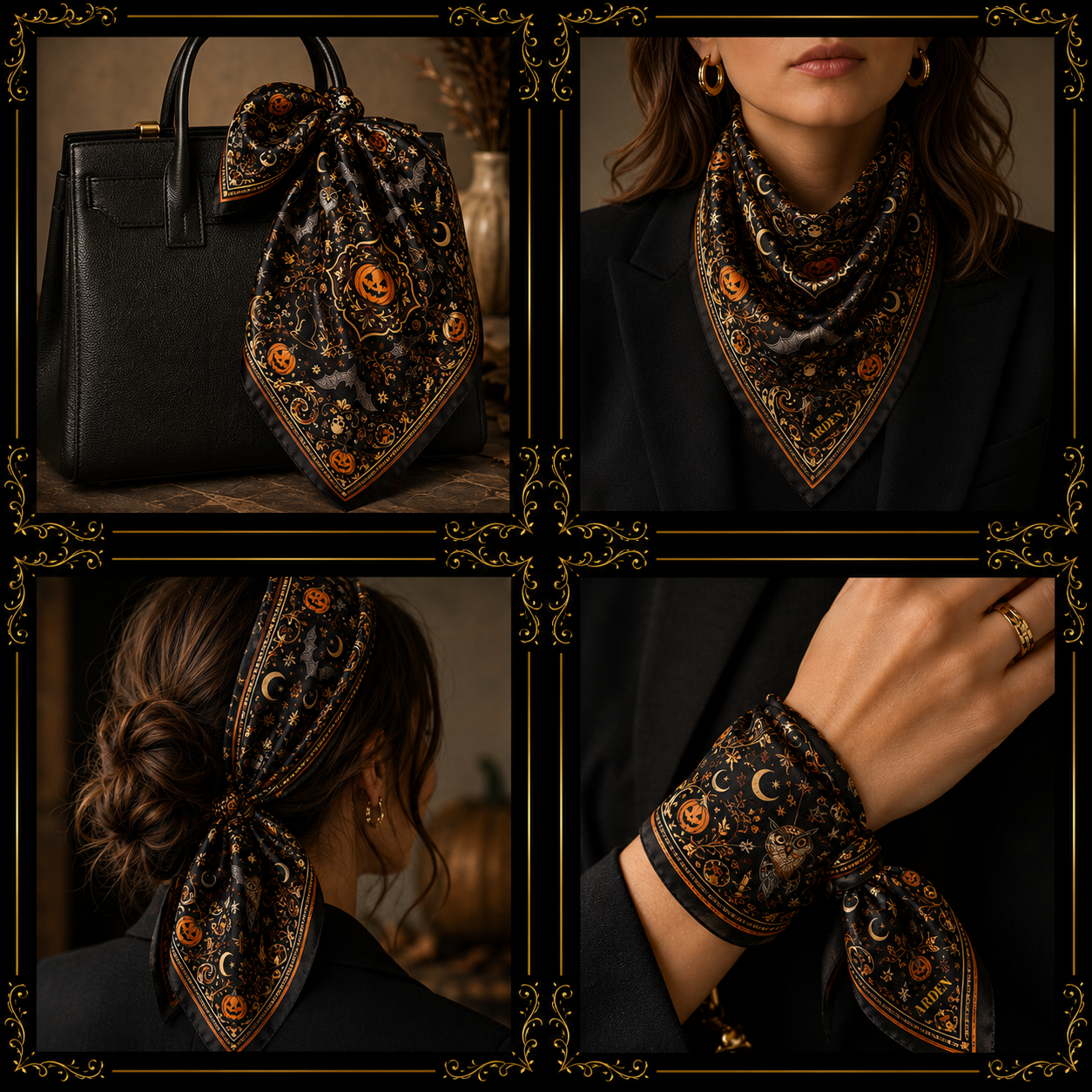 Halloween bandana styled four ways — tied on a handbag, worn as a neck scarf, in the hair and on the wrist