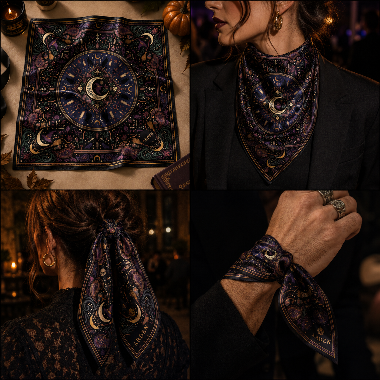 Halloween bandana styled four ways — on a handbag, worn as a neck scarf, in the hair and on the wrist