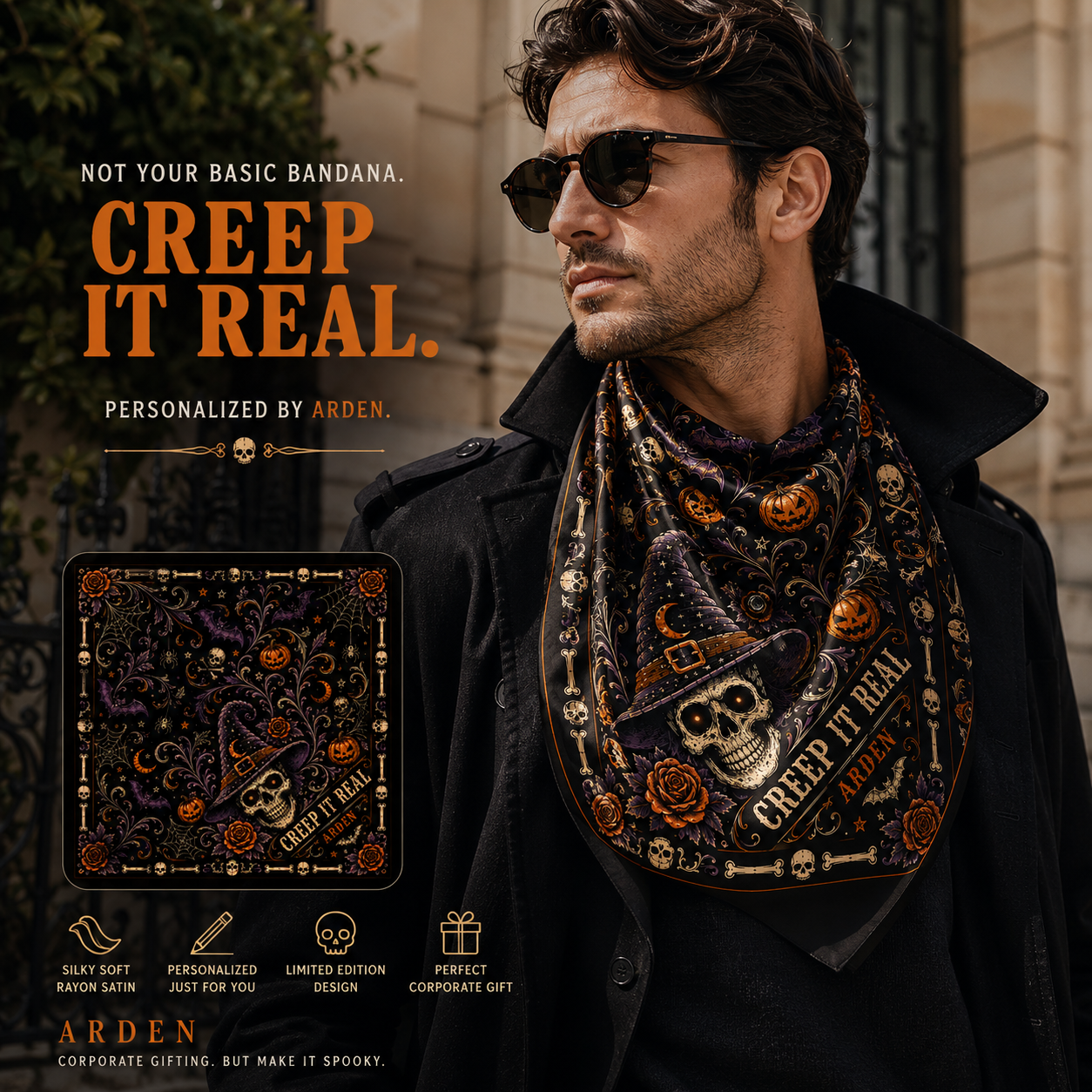 Halloween corporate gifting campaign bandana worn by a man, featured in an ARDEN gifting campaign graphic