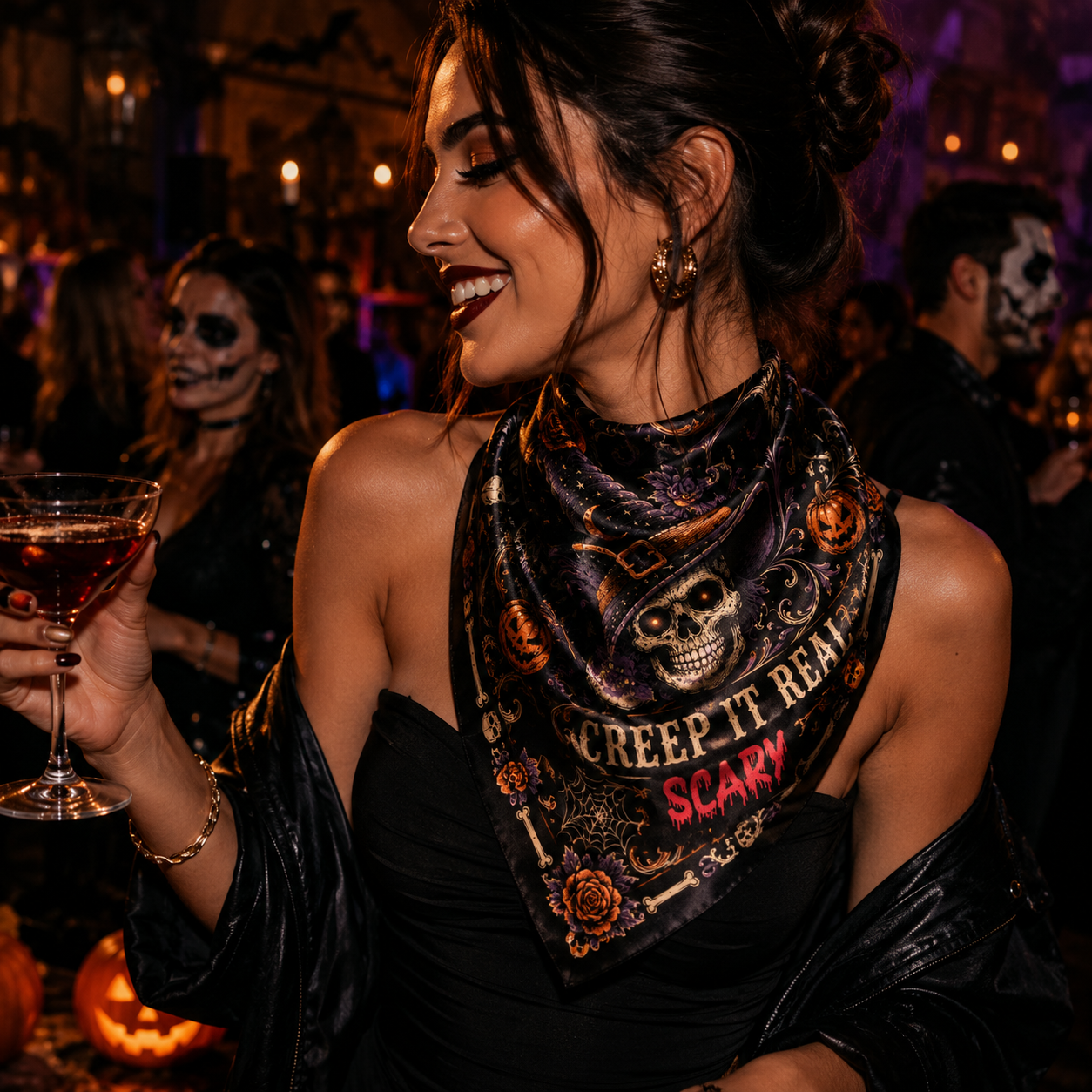 Halloween office party bandana worn as a neck scarf by a woman at an evening costume party