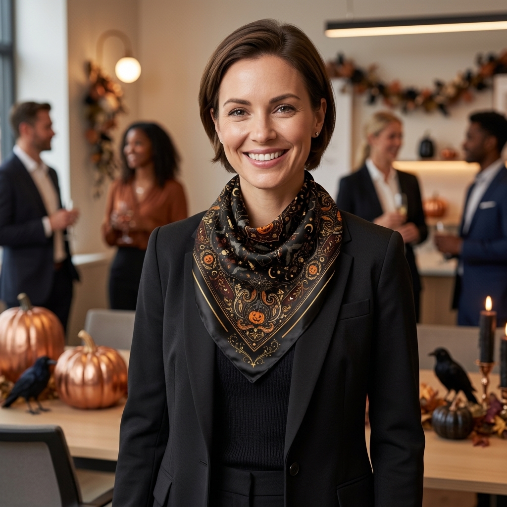 Halloween office party bandana with a pumpkin and moon print, worn as a neck scarf