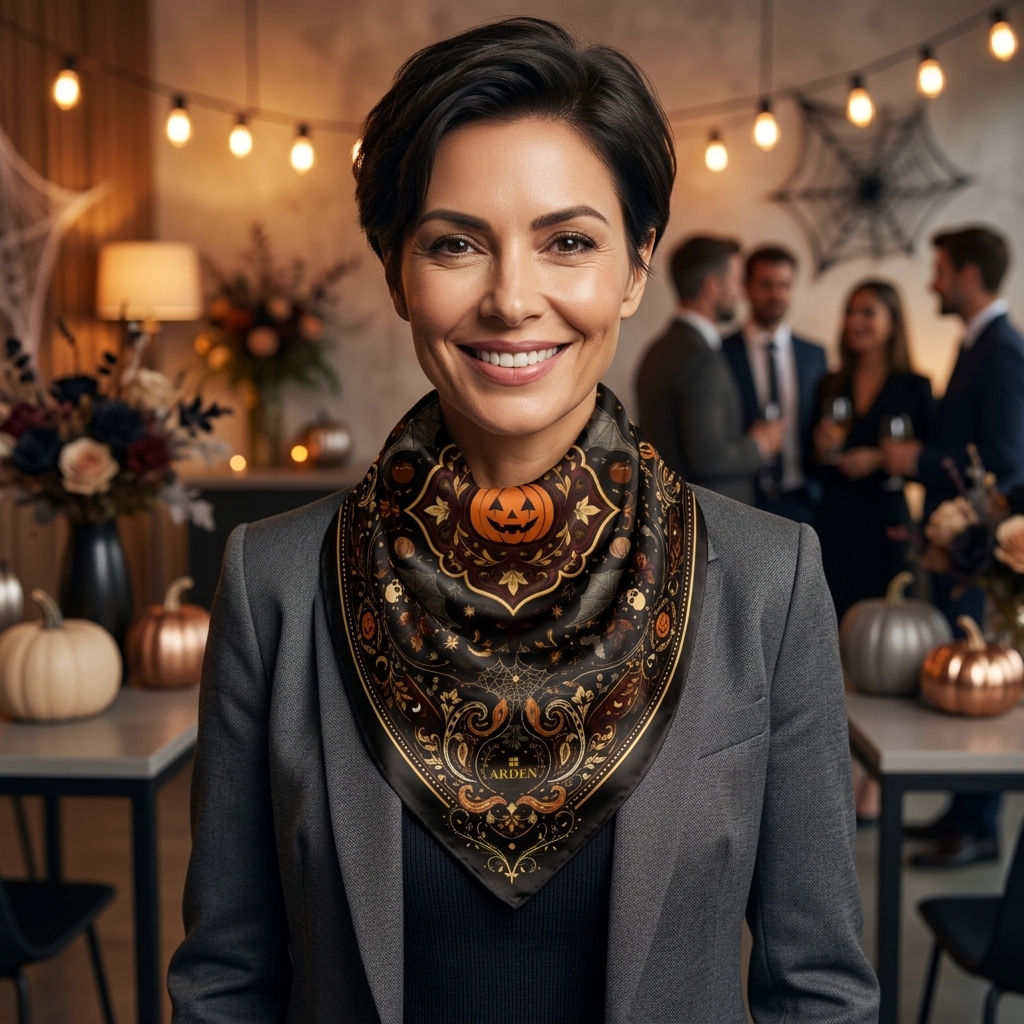 Halloween office party bandana worn by a businesswoman among string lights