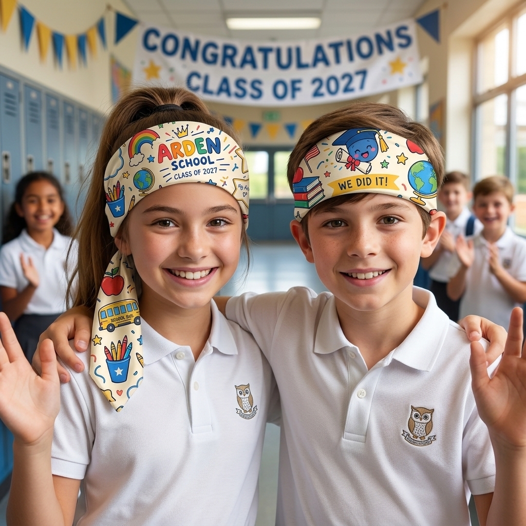 Two graduating students wearing ARDEN Schools & Graduation bandanas as headbands, celebrating under a "Congratulations Class of 2027" banner