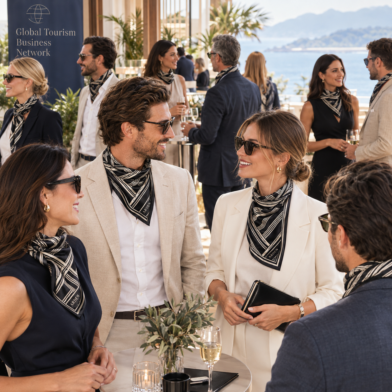Guests in cream and navy tailoring at a seaside terrace reception wearing the ARDEN black and cream striped bandana as a neck scarf