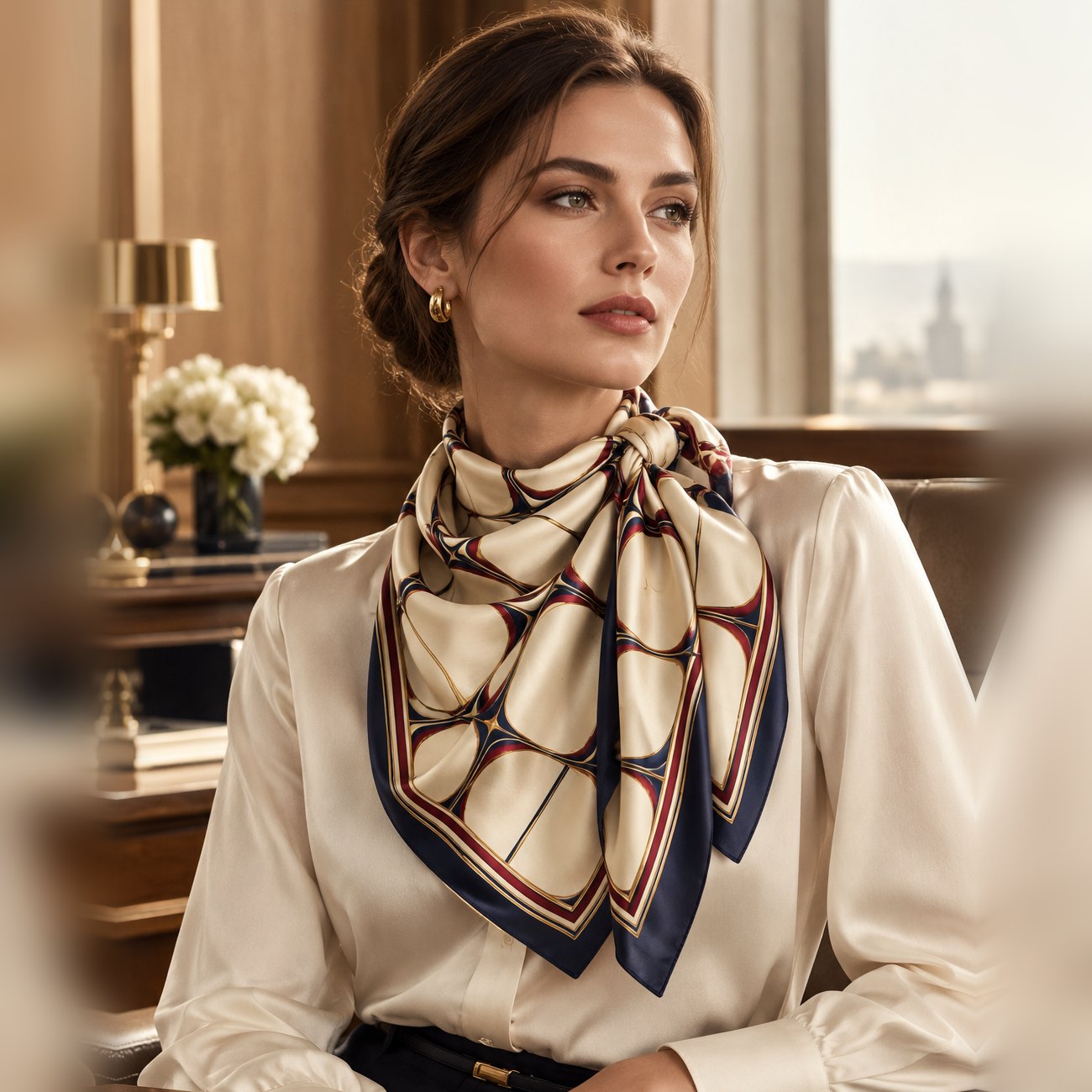 Businesswoman wearing the ARDEN geometric corporate bandana as a neck scarf in a corner office