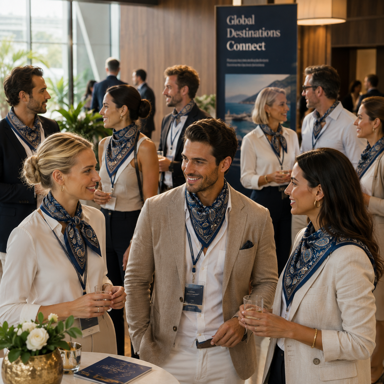 Group of hospitality and travel conference attendees wearing the ARDEN custom corporate bandana as a neck scarf