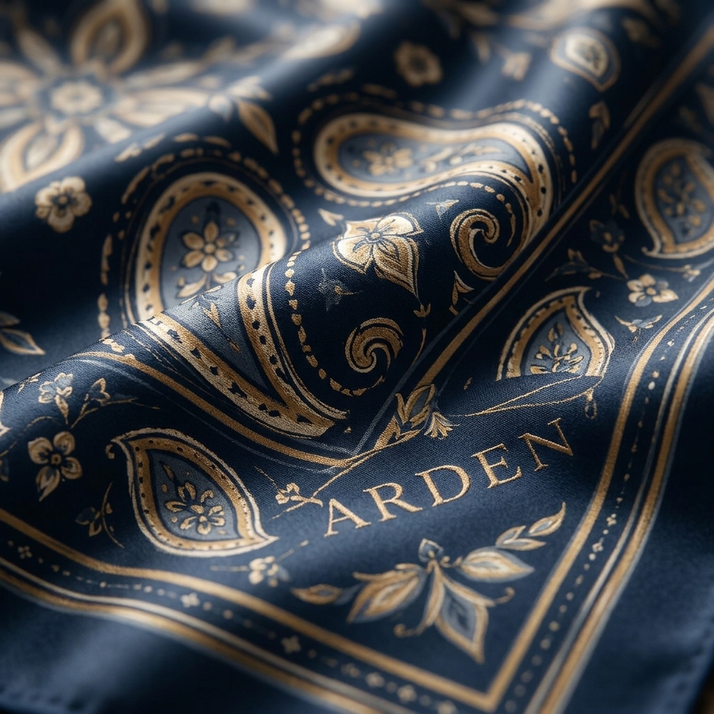 Macro detail of the ARDEN custom corporate bandana fabric, showing the navy and gold paisley pattern and stitched border