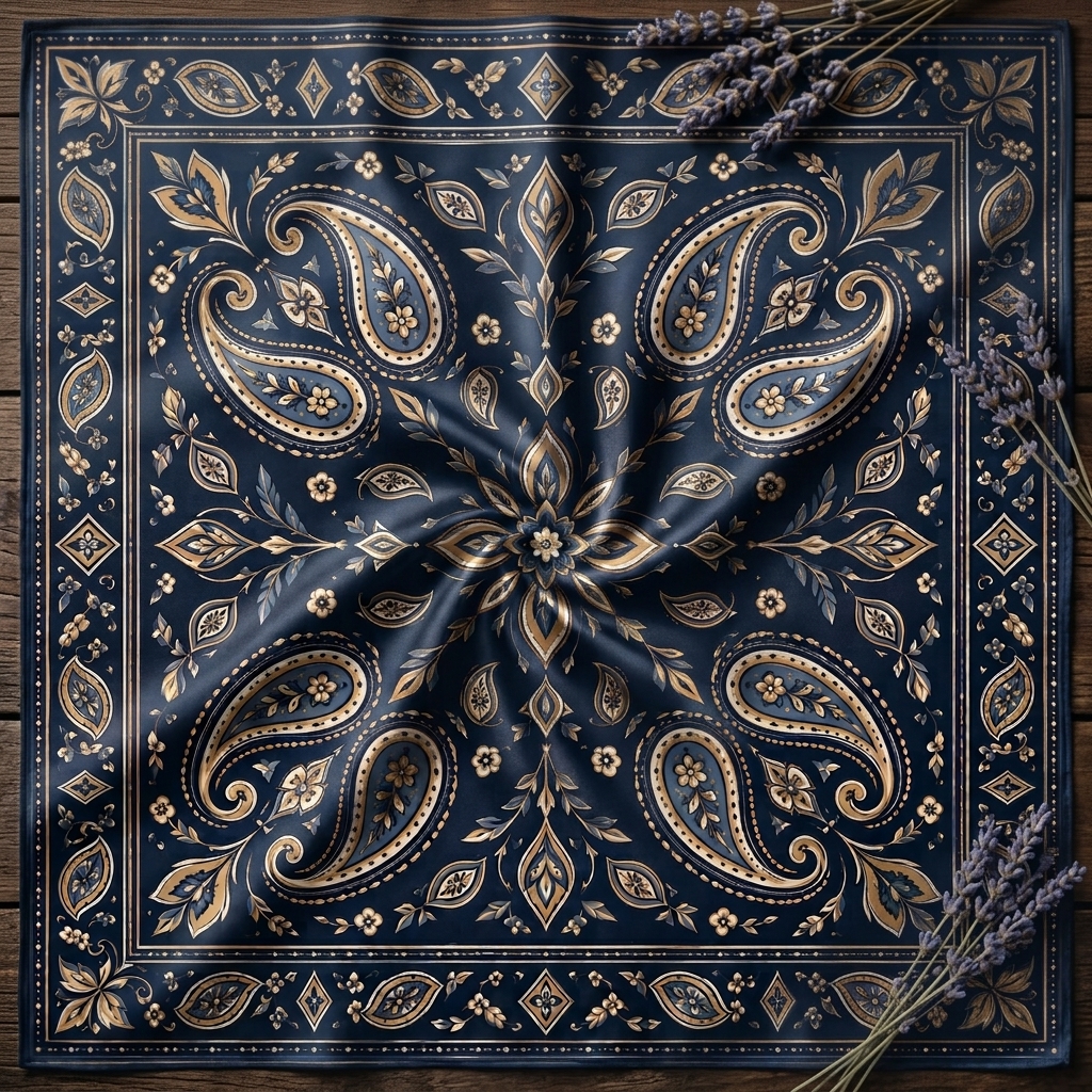 ARDEN custom corporate bandana flat lay with lavender sprigs on a wooden surface, showing the navy and gold paisley pattern detail