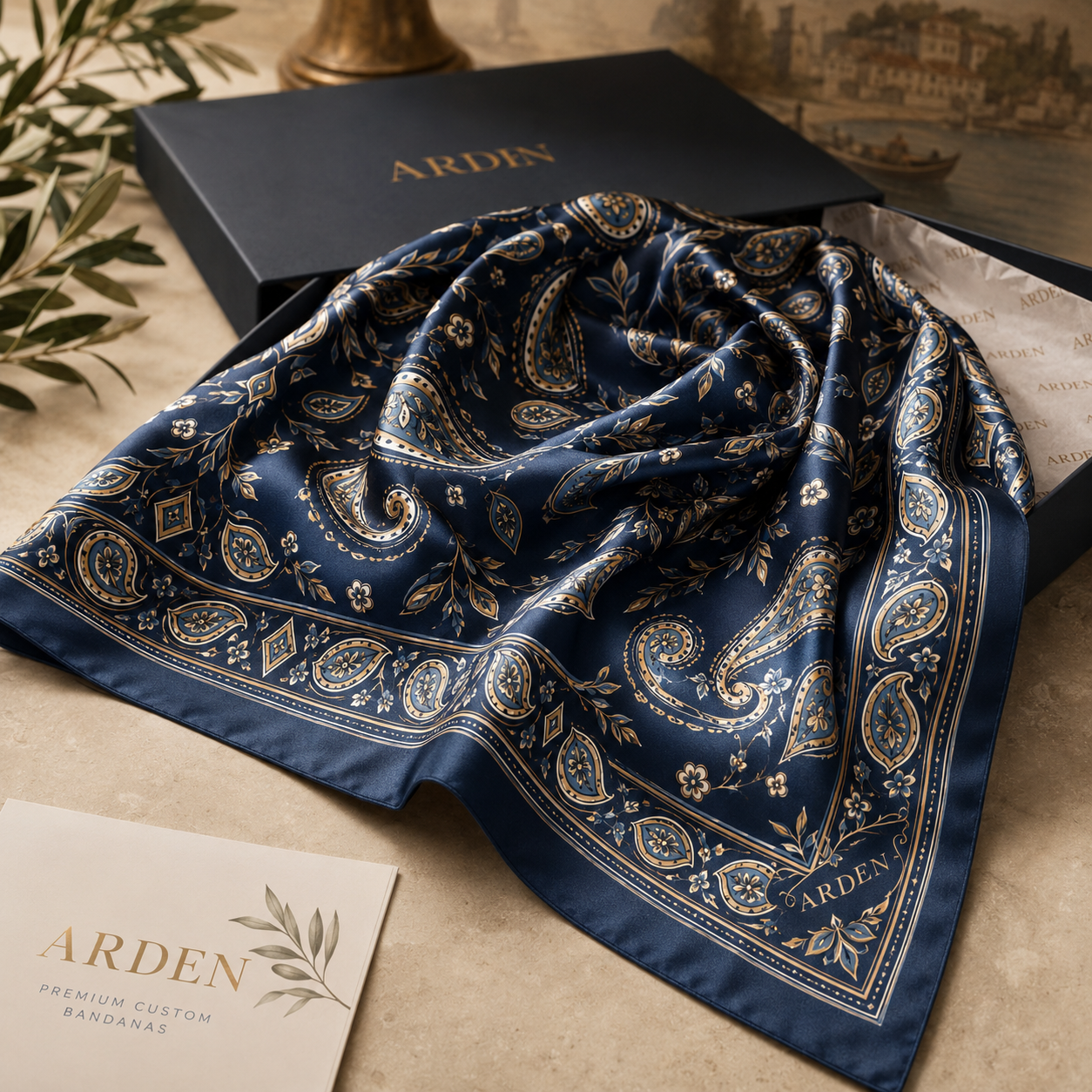 ARDEN custom corporate bandana presented in a branded gift box, styled for hospitality and travel gifting programs