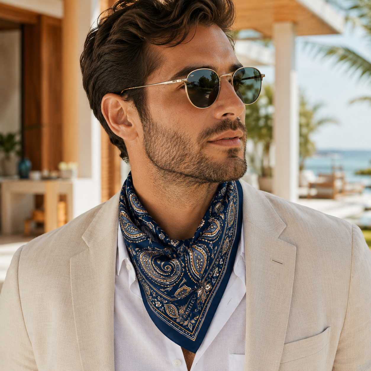 ARDEN custom corporate bandana worn as a neck scarf by a male model at a beachside resort, styled for hospitality and travel branding programs