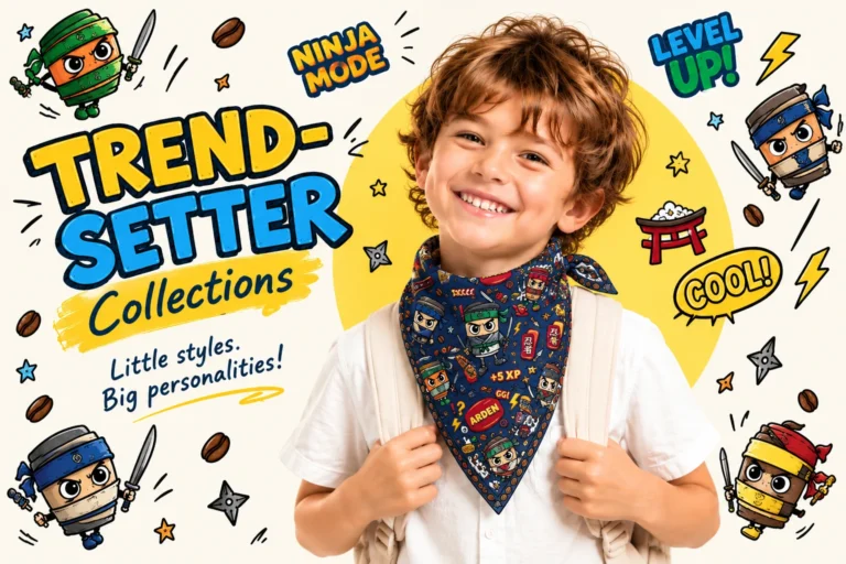 Smiling boy with a backpack wearing a navy custom kids bandana with a ninja coffee-cup character print, ARDEN Trend-Setter Collections