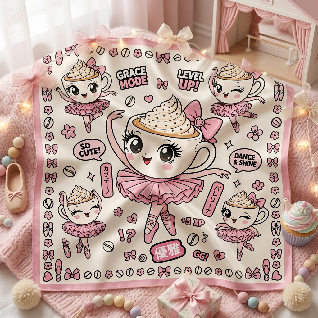 Kids bandana pattern flatlay: ARDEN ballerina and teacup design shown in full on an outdoor table