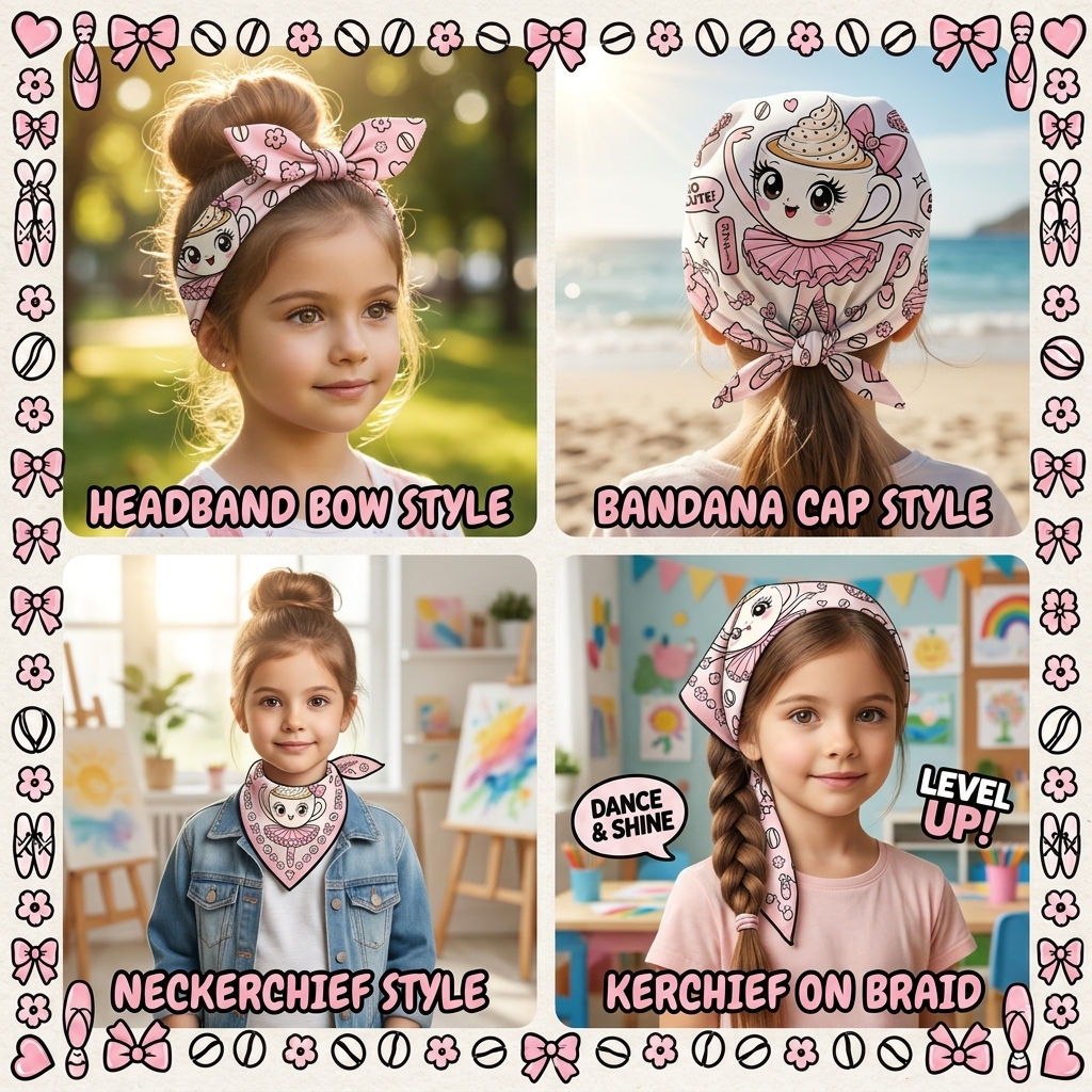 Kids bandana ways to wear: ARDEN ballerina bandana styled as a headband bow, cap, neckerchief and braid kerchief