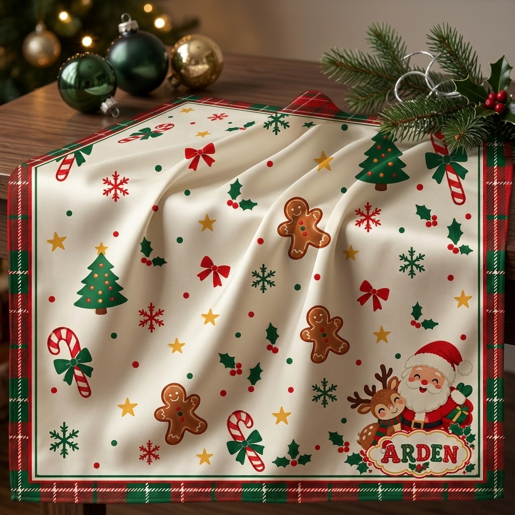 Kids Christmas gingerbread bandana folded flatlay on a wooden table beside Christmas tree ornaments and holly