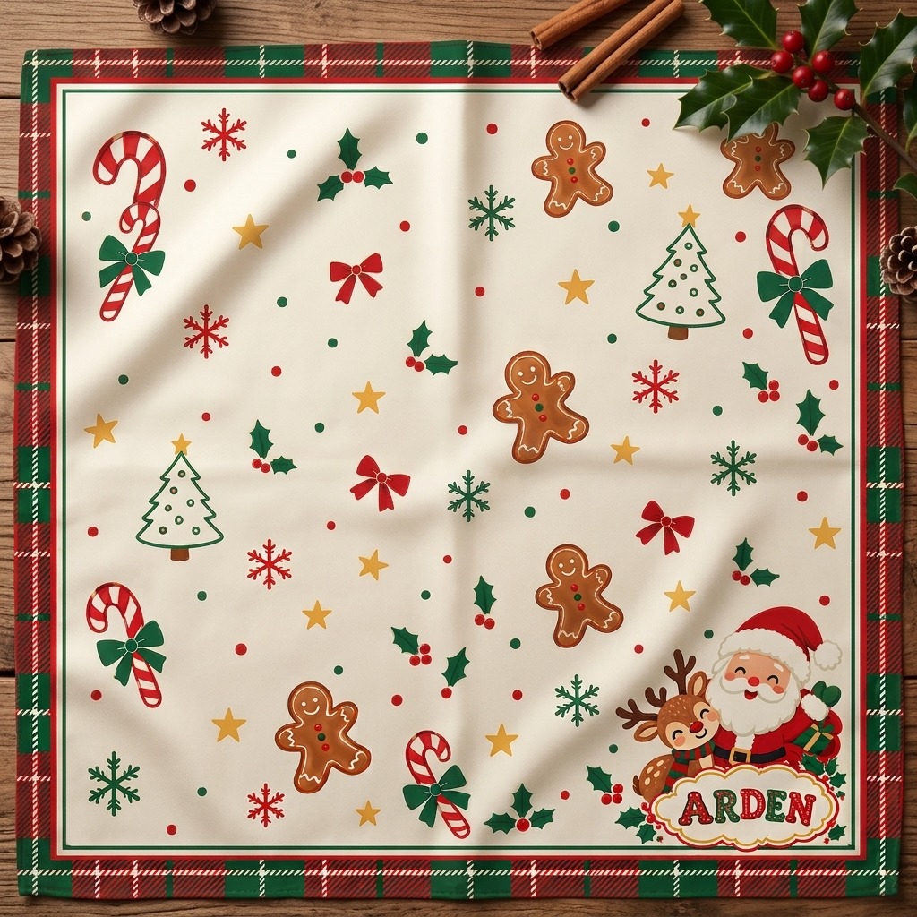 Kids Christmas gingerbread bandana pattern flatlay showing the full cream gingerbread, candy cane and snowflake print in detail