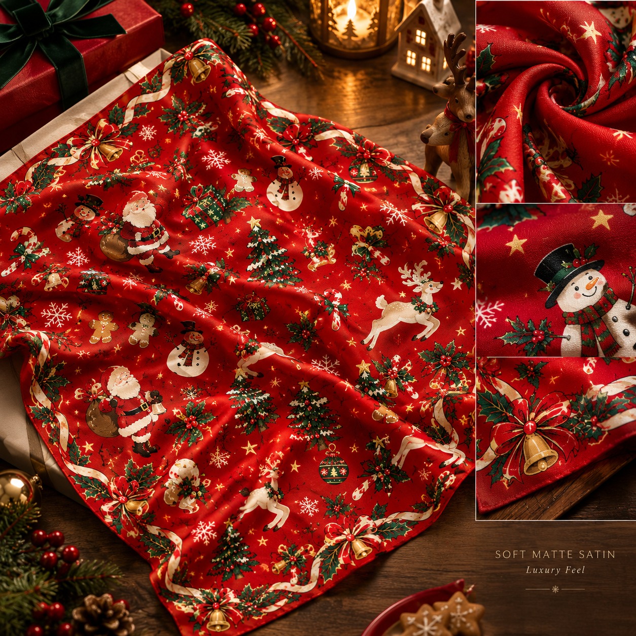 Kids Christmas Santa bandana draped over a wrapped ARDEN gift box, with fabric texture, snowman and bell detail insets