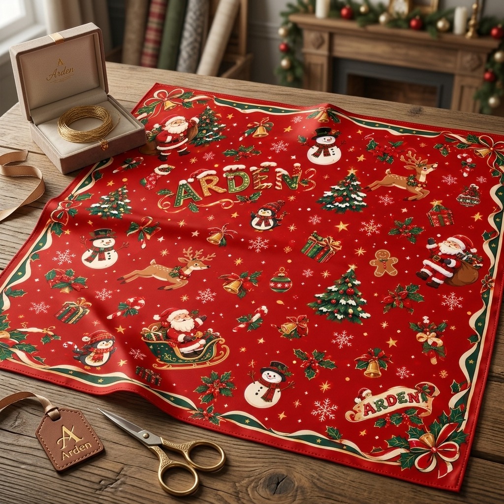 Kids Christmas Santa bandana pattern flatlay showing the full red Santa, reindeer, snowman and gingerbread print in detail