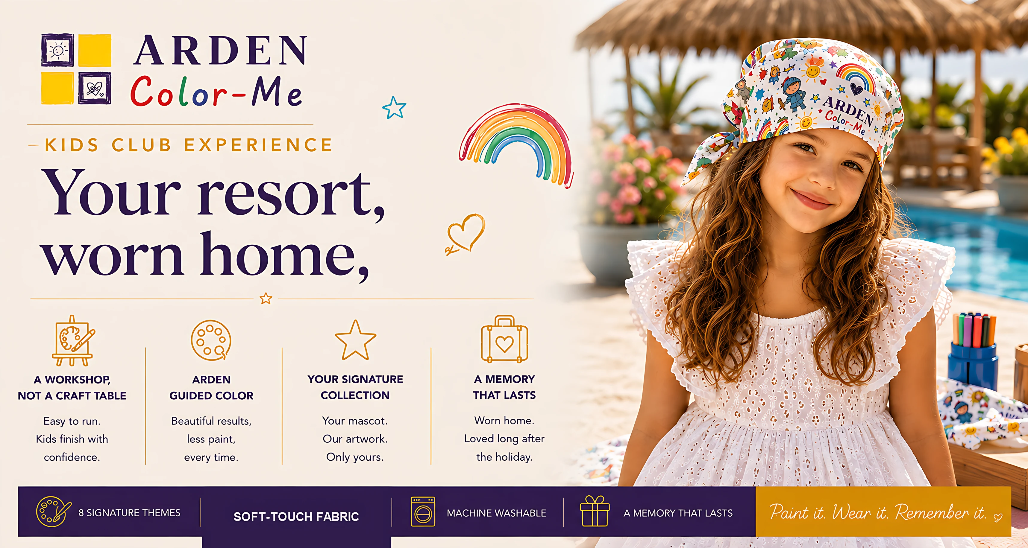 A young girl at a resort pool wearing an ARDEN Color-Me kids bandana with colorful hand-drawn artwork tied over her hair, beside the ARDEN Color-Me logo, a "Kids Club Experience" heading, and workshop benefit icons for a resort Kids Club painting activity