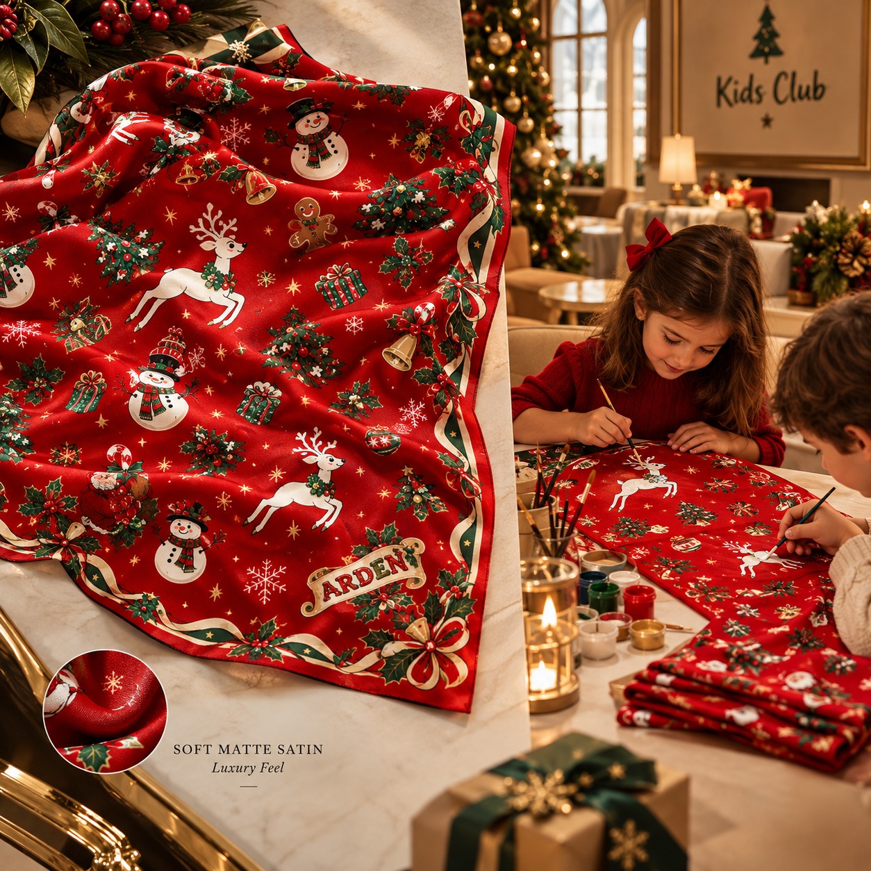Kids club Christmas bandana resort group activity, children painting the red Santa and snowman print at an ARDEN Kids Club table