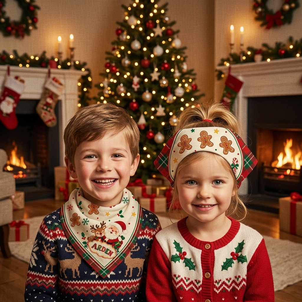 Kids club Christmas gingerbread bandana worn by two children by a decorated fireplace, with a cream tartan-trimmed gingerbread and candy cane print