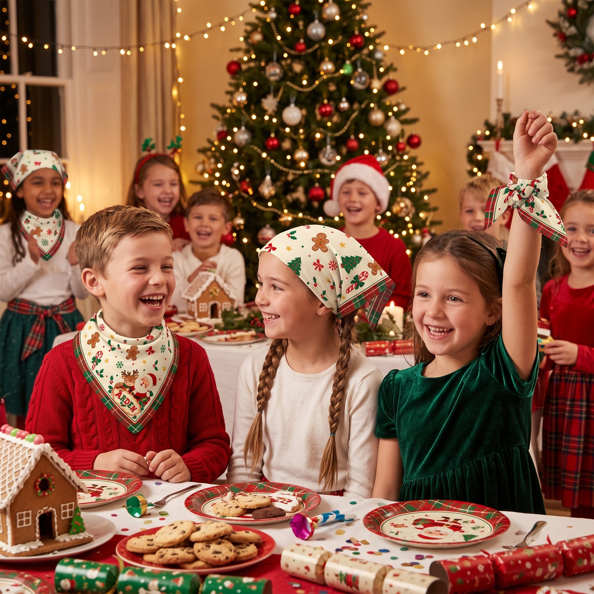 Kids club Christmas bandana resort group activity, children wearing the cream gingerbread print at an ARDEN Kids Club holiday party