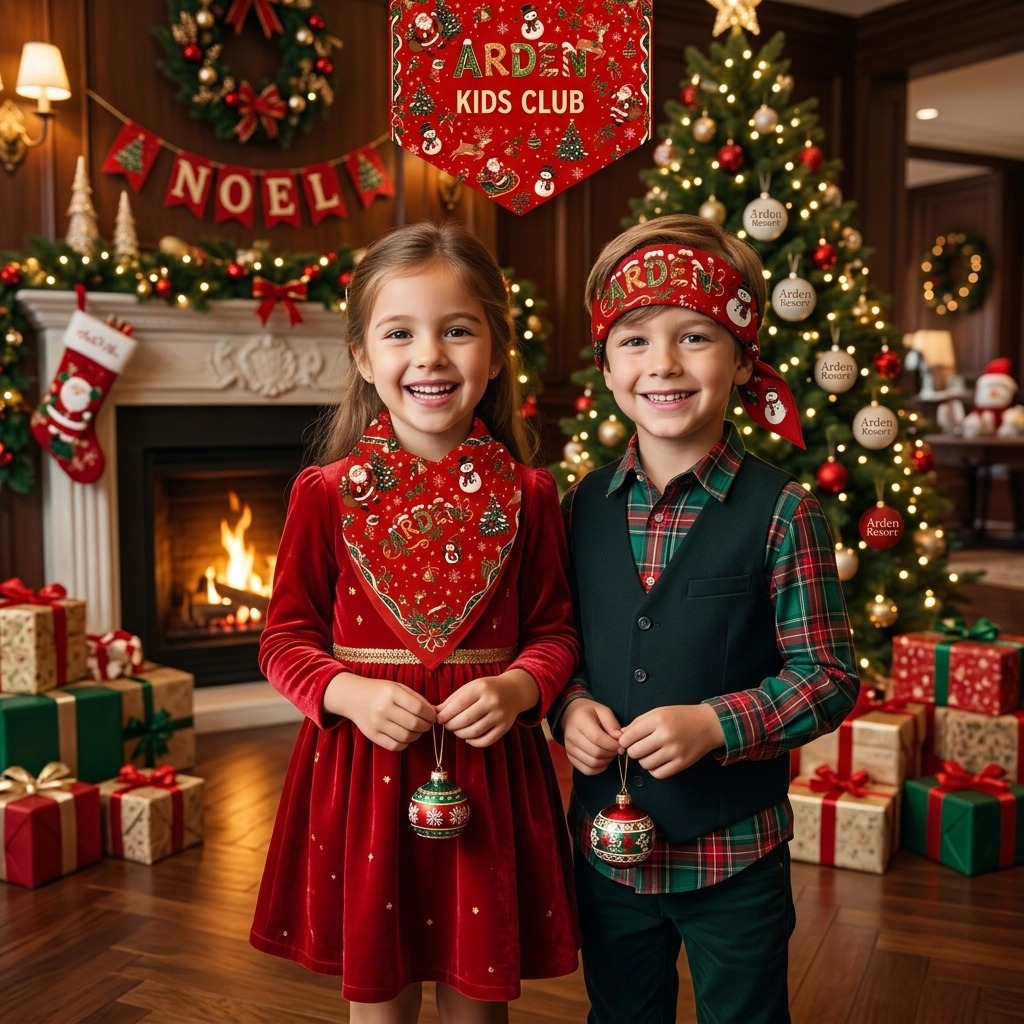 Kids club Christmas Santa bandana worn by two children by a decorated fireplace, with a red snowman and reindeer print