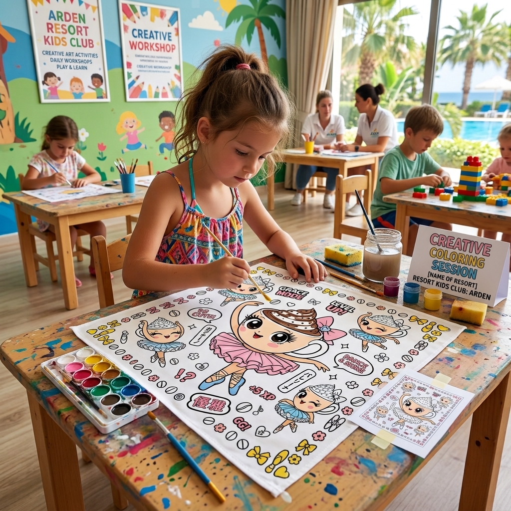 Kids club coloring workshop bandana: girl coloring an ARDEN ballerina bandana at a resort Kids Club creative table