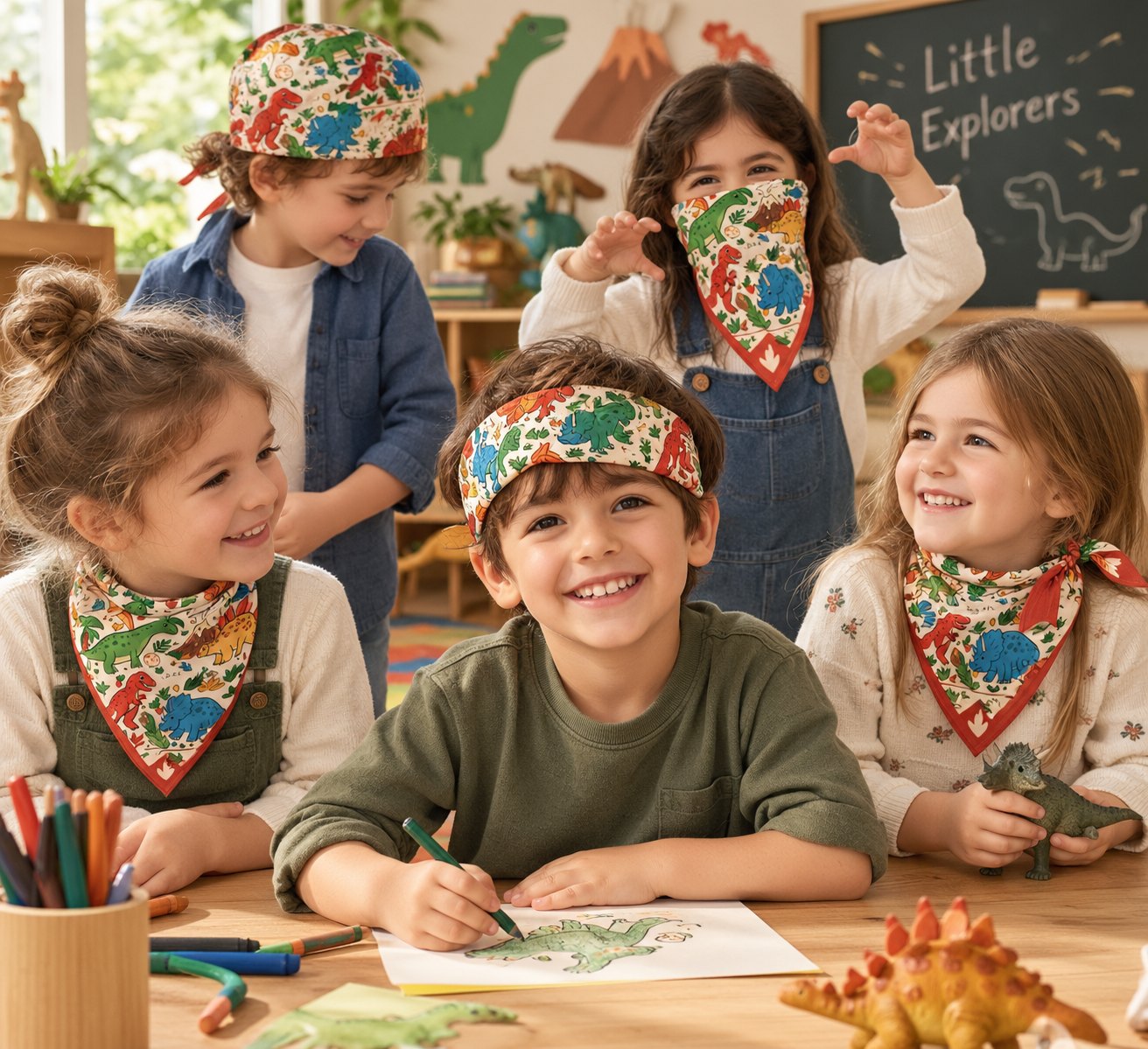 Kids club group of children wearing the ARDEN dinosaur bandana as neckerchiefs, headbands and a face wrap in a classroom