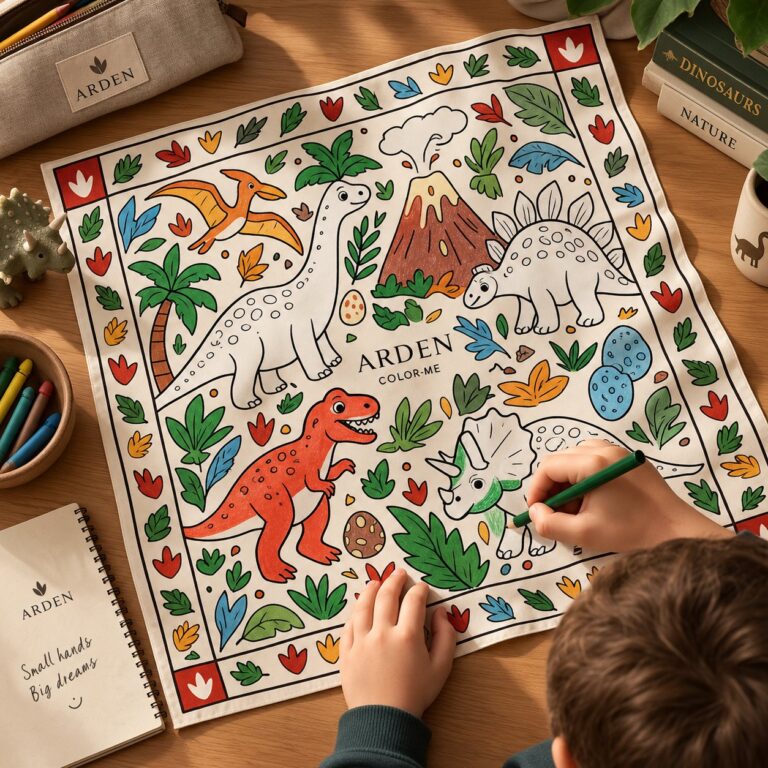 Kids club dinosaur bandana: a child coloring the outlined ARDEN dinosaur print with a green marker at a wooden desk
