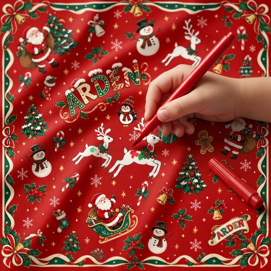 Kids club Guided Color workshop: a child's hand painting a reindeer motif on the Christmas Santa bandana design