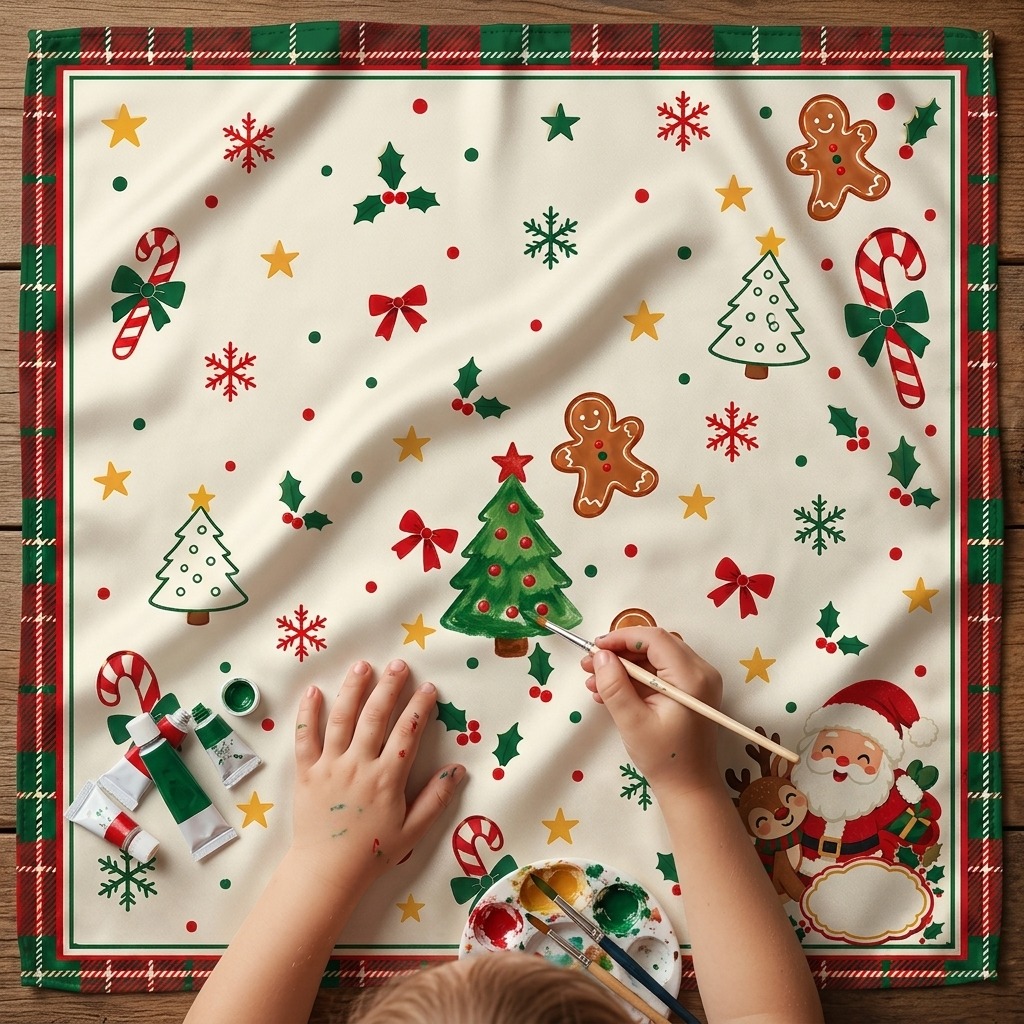Kids club Guided Color workshop: a child's hand painting a Christmas tree motif on the gingerbread bandana design