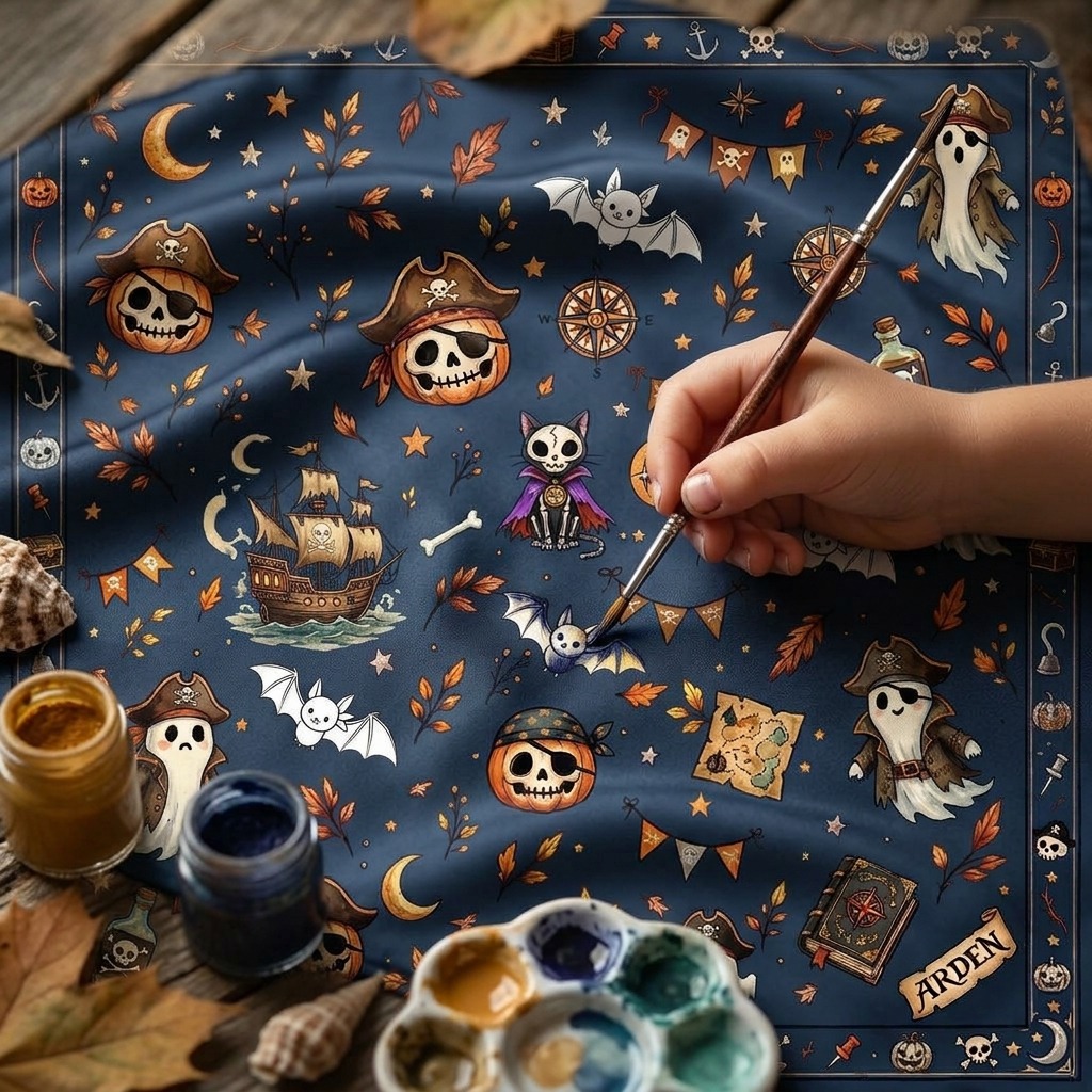 Kids club Guided Color workshop: a child's hand painting a bat motif on the pirate Halloween bandana design