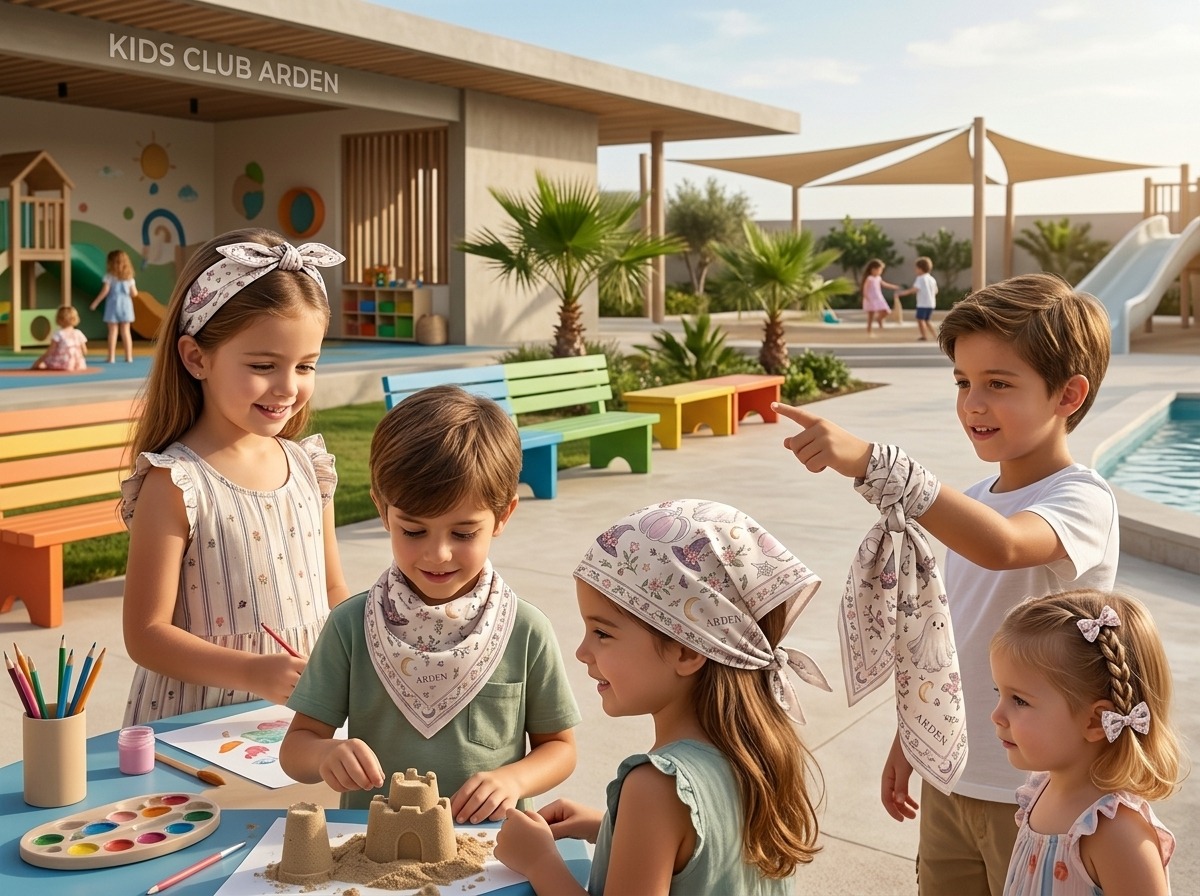 Kids club Halloween bandana resort group activity, children wearing the pastel ghost print at an ARDEN Kids Club