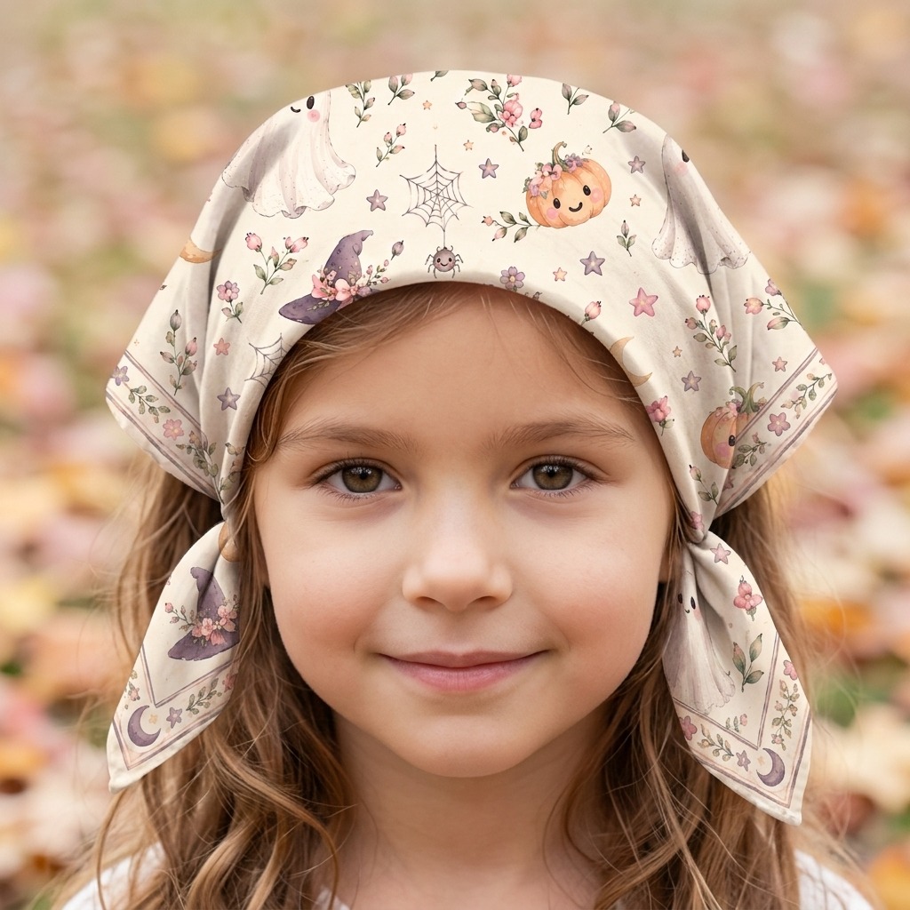 Kids club Halloween ghost bandana worn as a headscarf by a girl, with a pastel ghost, pumpkin and witch hat print