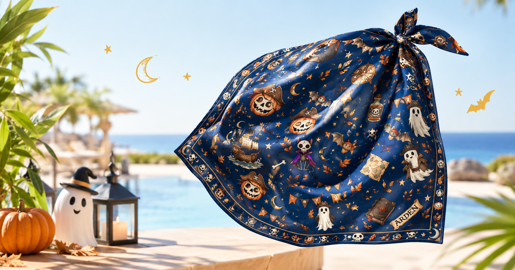 ARDEN pirate Halloween Kids Club bandana floating above a resort pool at dusk beside jack-o'-lanterns and lanterns, symbolizing the keepsake a child takes home after checkout