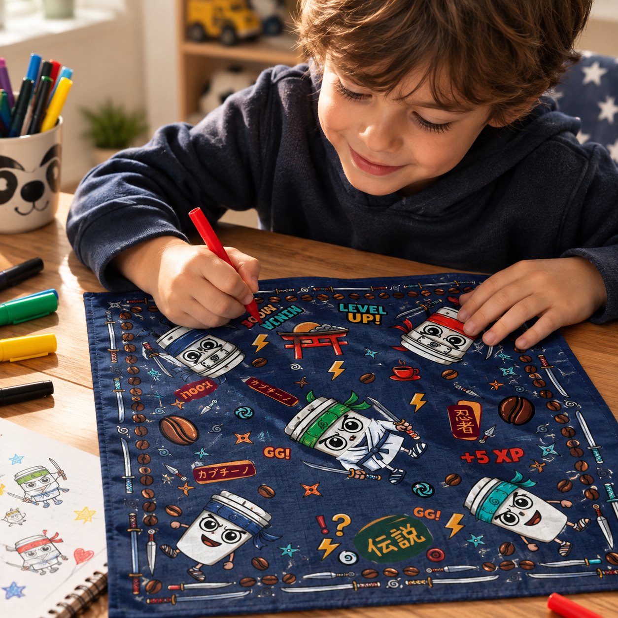 Kids club ninja bandana: a child coloring the ARDEN ninja-character print with a red marker at a wooden desk