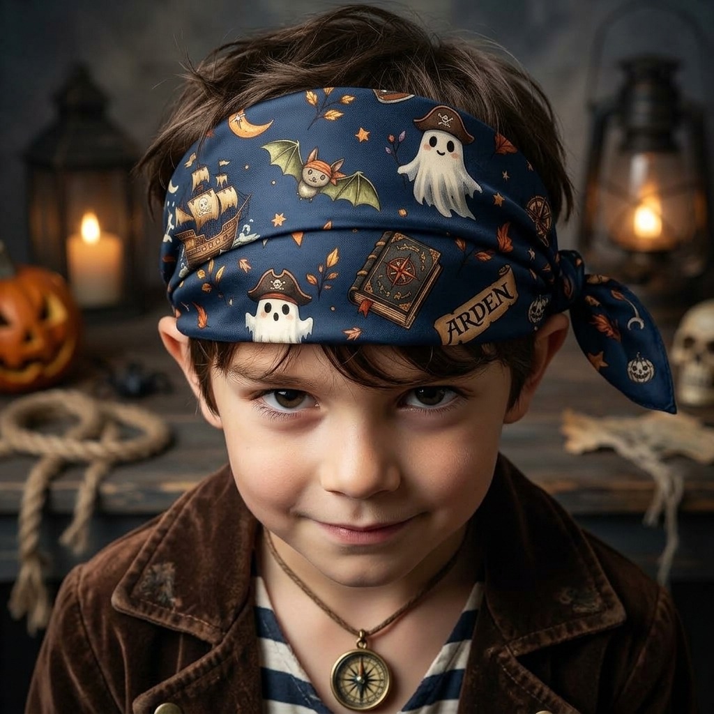 Kids club pirate Halloween bandana worn as a neckerchief by a boy, with a navy skull, ship and ghost print