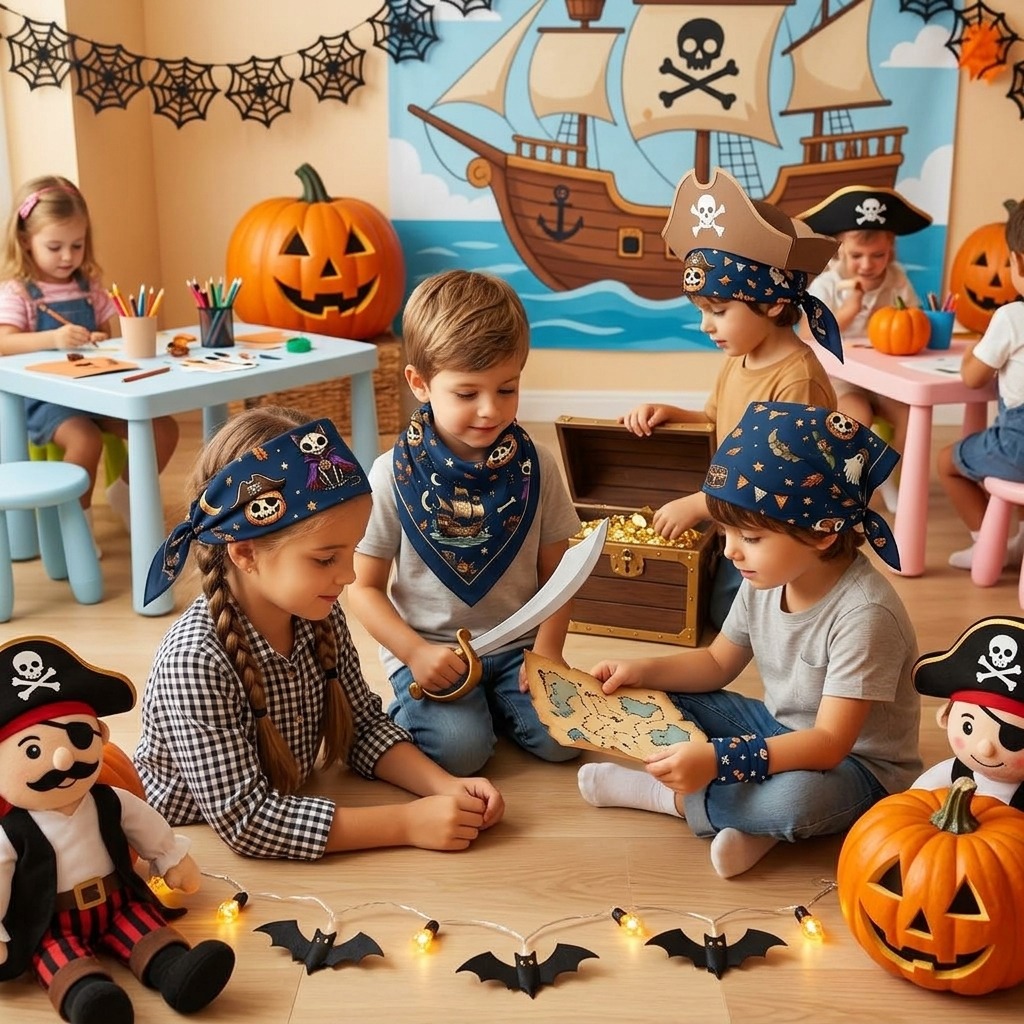 Kids club pirate Halloween bandana resort group activity, children wearing the navy print at an ARDEN Kids Club