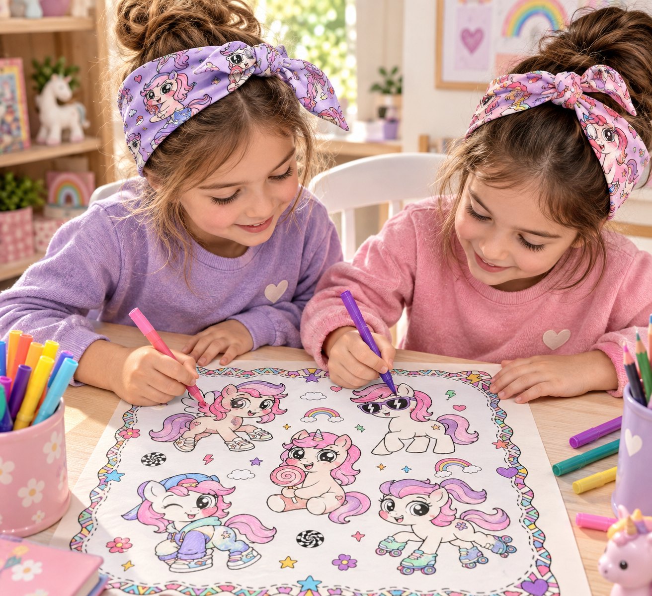 Two girls wearing pony print bandana headbands while coloring a pony and unicorn design with markers at a kids club table