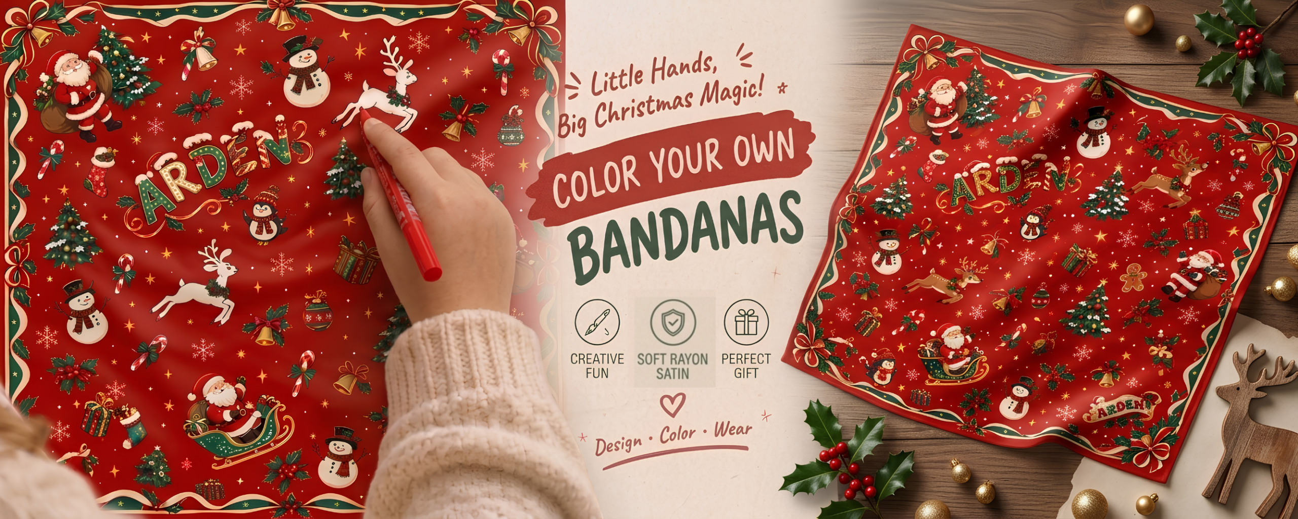 ARDEN Color Your Own Bandanas — a child's hand painting a red Santa, reindeer and snowman bandana beside the finished folded design, with Creative Fun, Soft Rayon Satin and Perfect Gift callouts