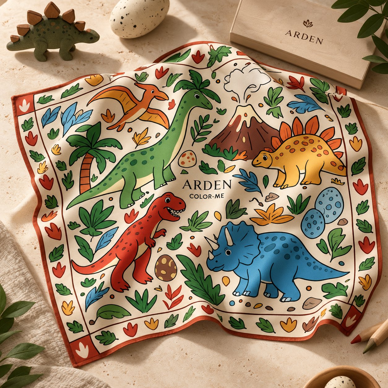 Kids dinosaur bandana flatlay showing the full-color print with a green brachiosaurus, red T-rex, blue triceratops and volcano