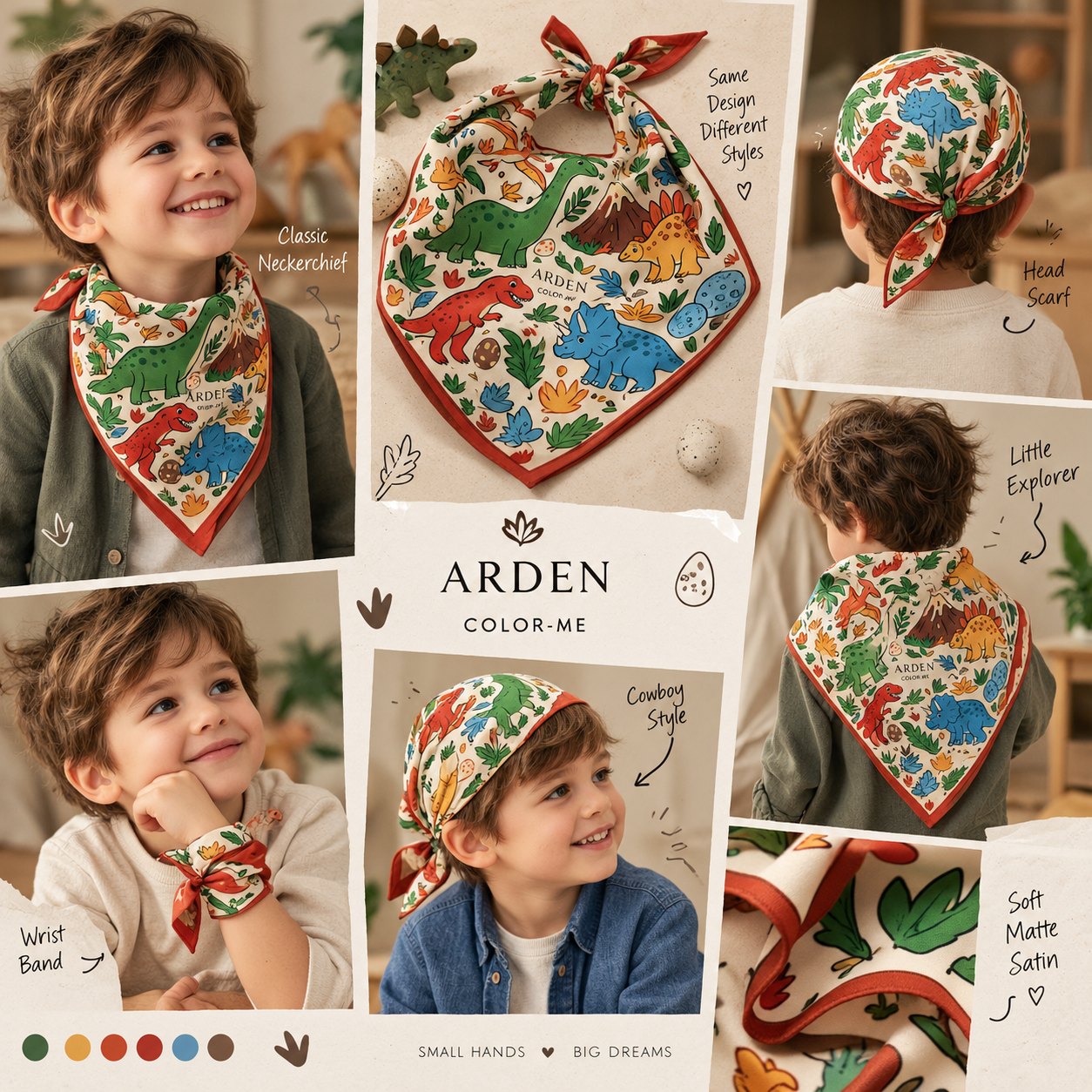 Ways to wear the ARDEN dinosaur bandana: neckerchief, head scarf, wrist band and cowboy style, shown on a young boy