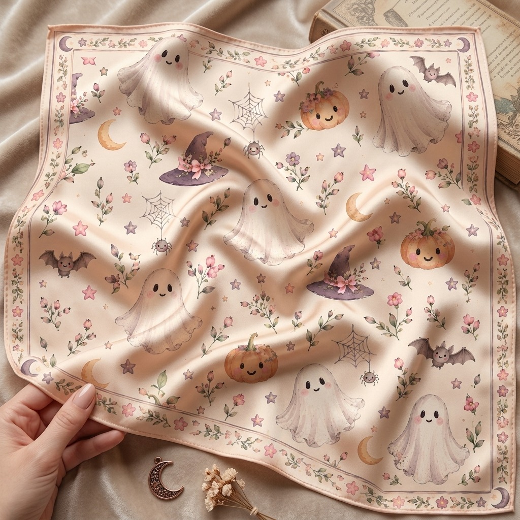 Kids Halloween ghost bandana folded flatlay on fabric, showing the ARDEN border print and soft satin drape