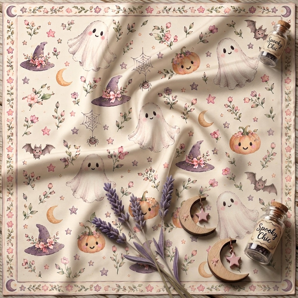 Kids Halloween ghost bandana pattern flatlay showing the full pastel ghost, pumpkin and floral print in detail