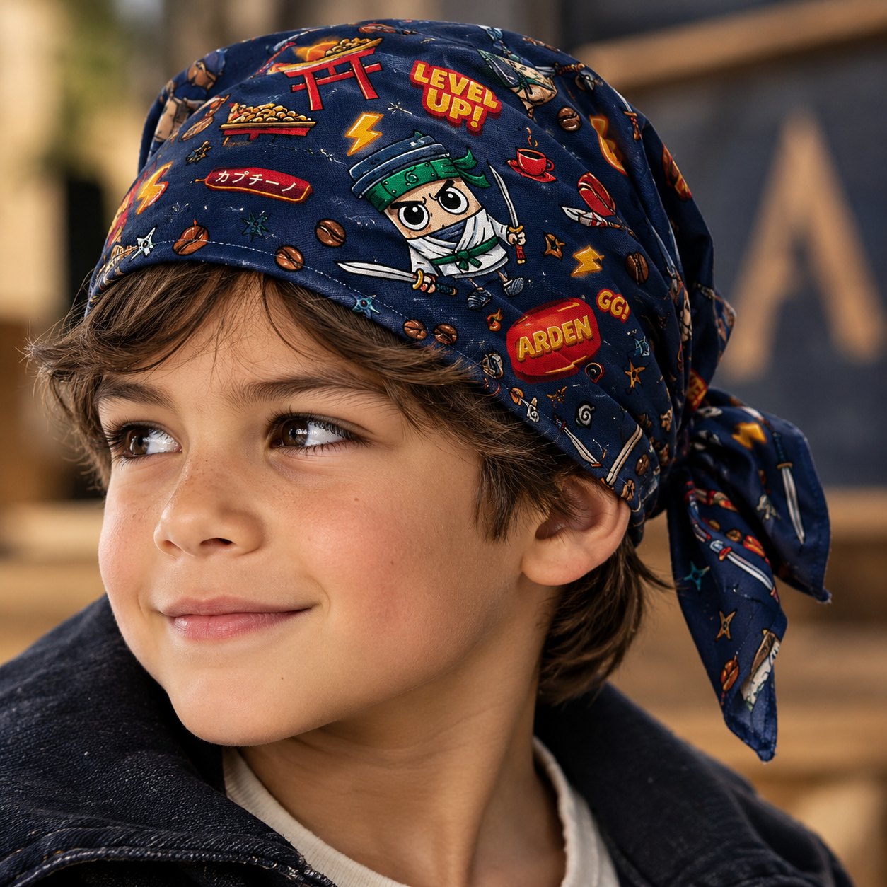 Close portrait of a smiling boy wearing the ARDEN navy ninja-character bandana as a knotted headscarf