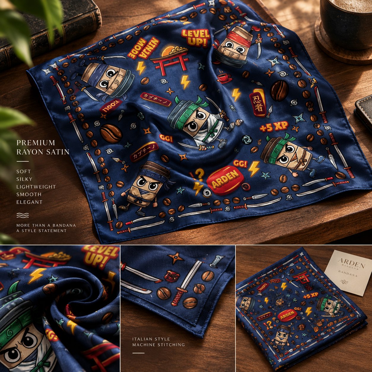 Flatlay of the ARDEN navy ninja-character bandana with fabric, stitched-edge and folded-pack detail shots
