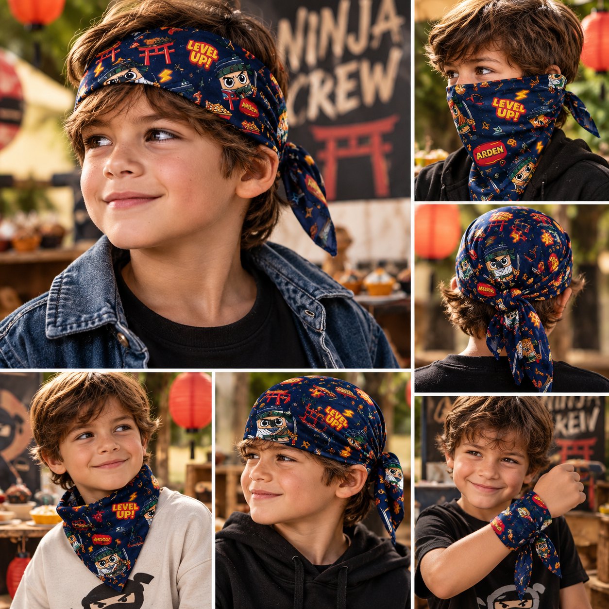 Ways to wear the ARDEN ninja-character bandana: headband, face wrap, back knot, neckerchief and wrist band on young boys