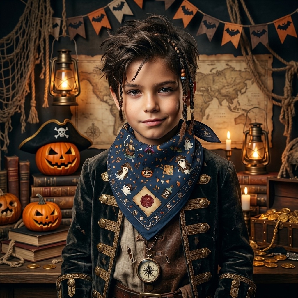 Kids pirate Halloween bandana worn as a headband, close-up portrait of a boy in a pirate costume